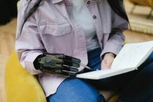 A futuristic AI visualization of a machine reading and digitizing text representing the power to promote AI OCR software on danijacob.com.